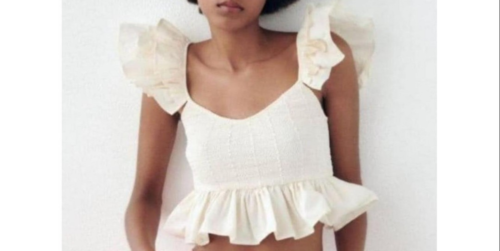 Zara Top Womens Medium Cream Smocked Ruffle Puff Sleeve Cropped Peplum Blouse